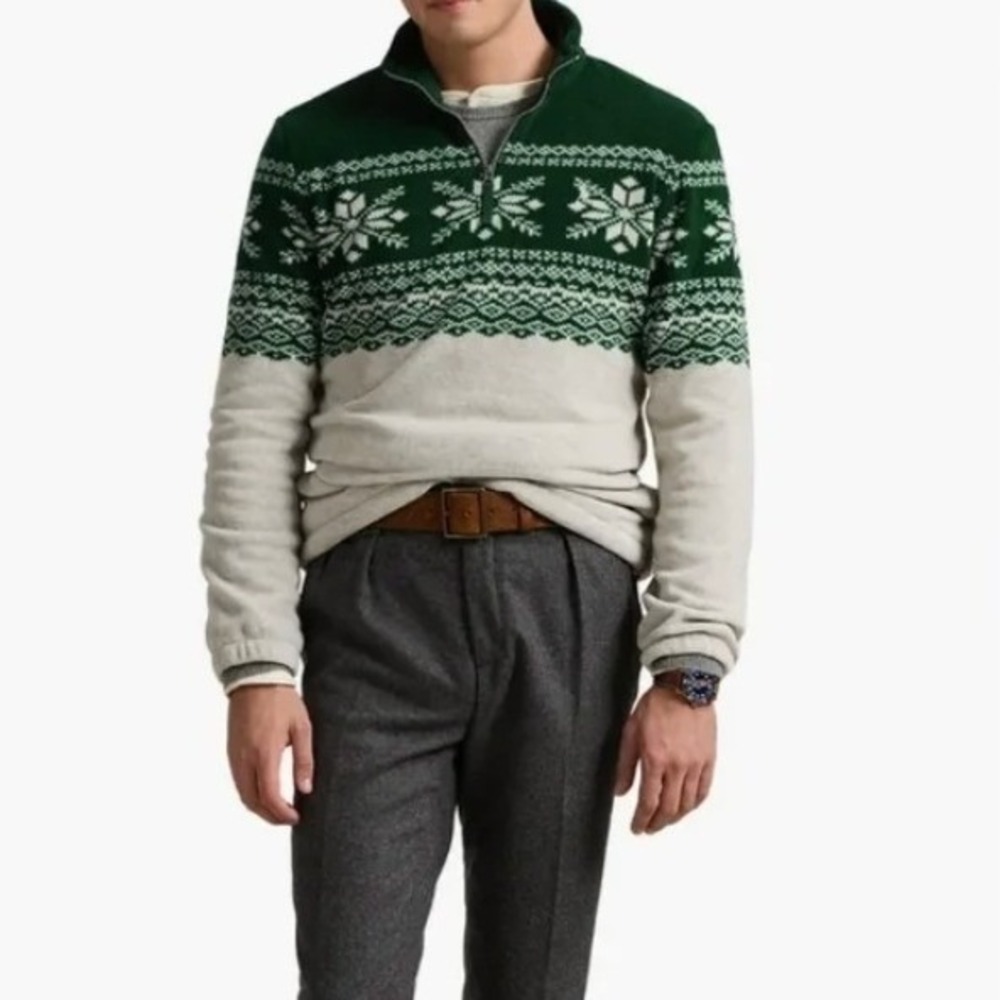 Polo Ralph Lauren Mens Green Cream Fair Isle Snowflake Fleece Quarter Zip Small